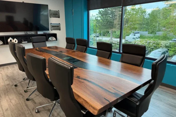 12ft x 5ft Red Oak Epoxy River CNC Logo Boardroom Table