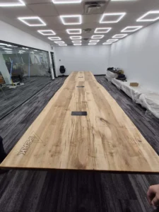 21ft solid maple live edge boardroom table, custom build for Peak Products Canada